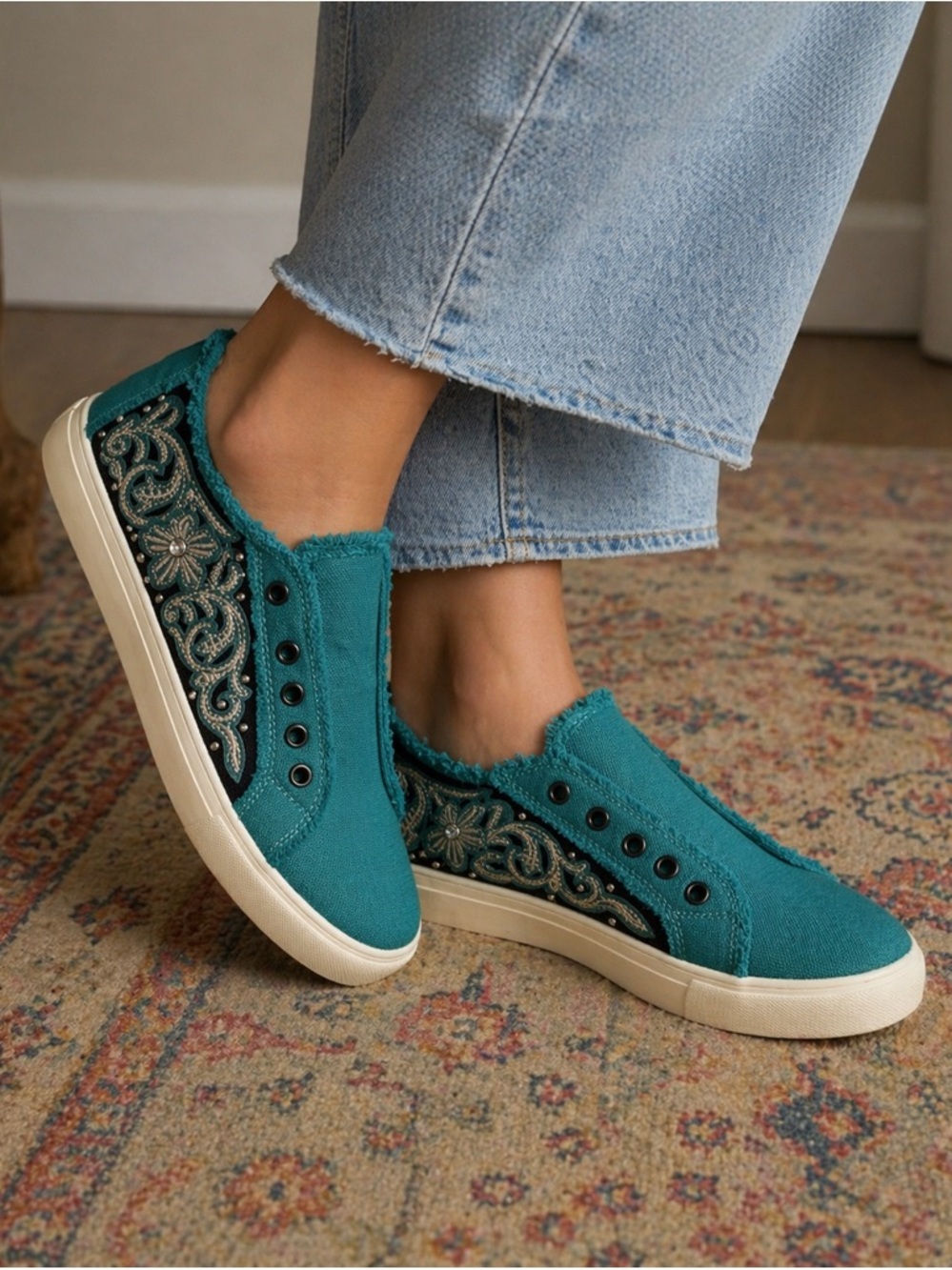 Montana West Teal Embroidered Slip-On Sneakers